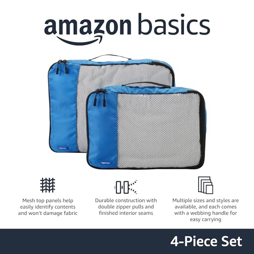 Amazon Basics Packing Cubes for Travel, Packing Organizers Set, 4-Piece-Set (2 Medium And 2 Large) With Double Zipper Pulls and Mesh Top Panel, 100% Durable Polyester, Blue