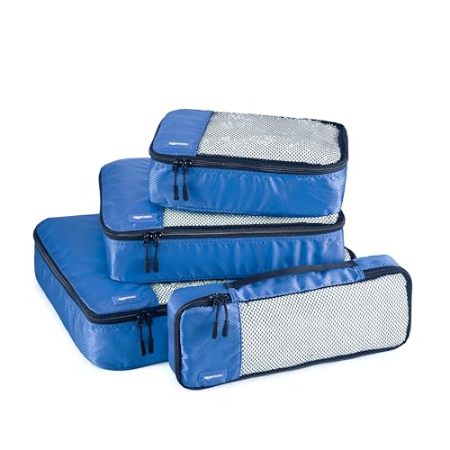 Amazon Basics Packing Cubes for Travel, Packing Organizers Set, 4-Piece-Set (Slim, Small, Medium, Large) With Double Zipper Pulls and Mesh Top Panel, 100% Durable Polyester, Blue