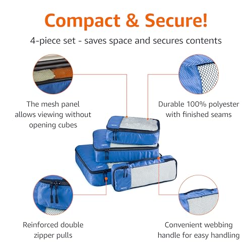 Amazon Basics Packing Cubes for Travel, Packing Organizers Set, 4-Piece-Set (Slim, Small, Medium, Large) With Double Zipper Pulls and Mesh Top Panel, 100% Durable Polyester, Blue