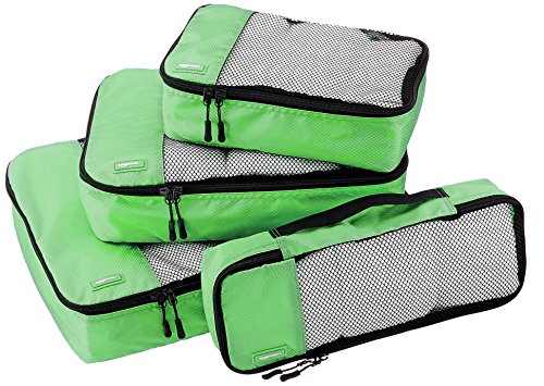 Amazon Basics Packing Cubes for Travel, Packing Organizers Set, 4-Piece-Set (Slim, Small, Medium, Large) With Double Zipper Pulls and Mesh Top Panel, 100% Durable Polyester, Green
