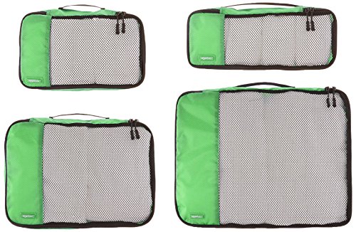 Amazon Basics Packing Cubes for Travel, Packing Organizers Set, 4-Piece-Set (Slim, Small, Medium, Large) With Double Zipper Pulls and Mesh Top Panel, 100% Durable Polyester, Green
