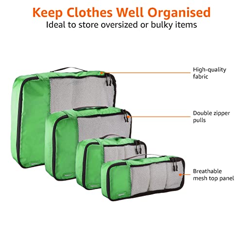 Amazon Basics Packing Cubes for Travel, Packing Organizers Set, 4-Piece-Set (Slim, Small, Medium, Large) With Double Zipper Pulls and Mesh Top Panel, 100% Durable Polyester, Green