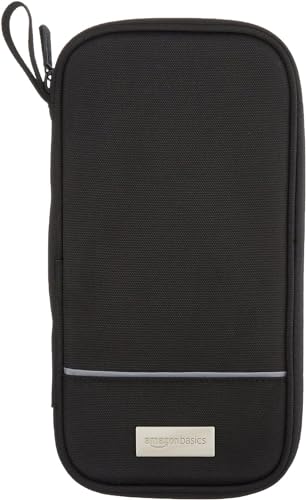 Amazon Basics RFID-blocking Passport Wallet, Passport Holder for Travel, 100% Nylon Material with Durable Zipper Closure, Zippered Pockets, Slots for Cards, 10"x5", Black, Solid