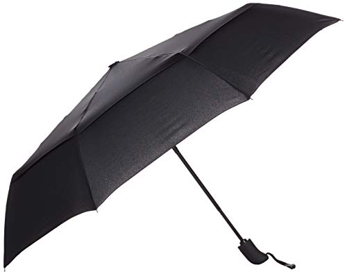 Amazon Basics Round Travel Umbrella with Auto Open/Close Button, Wind-Proof Compact Design, Wind Vent, Strong Alloy Steel Frame, Soft-Grip Handle, Storage Sleeve, 11" When Closed, Black