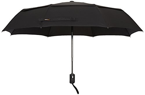 Amazon Basics Round Travel Umbrella with Auto Open/Close Button, Wind-Proof Compact Design, Wind Vent, Strong Alloy Steel Frame, Soft-Grip Handle, Storage Sleeve, 11" When Closed, Black view 3