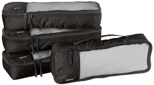 Amazon Basics Slim Packing Cubes for Travel, Packing Organizers, 4-Piece-Set With Double Zipper Pulls and Mesh Top Panel, 100% Durable Polyester, Black, 14"L x 5"W x 3"H