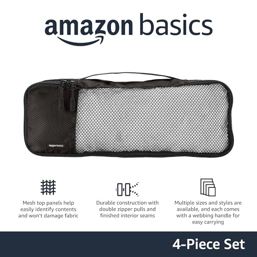 Amazon Basics Slim Packing Cubes for Travel, Packing Organizers, 4-Piece-Set With Double Zipper Pulls and Mesh Top Panel, 100% Durable Polyester, Black, 14"L x 5"W x 3"H