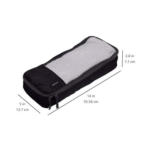 Amazon Basics Slim Packing Cubes for Travel, Packing Organizers, 4-Piece-Set With Double Zipper Pulls and Mesh Top Panel, 100% Durable Polyester, Black, 14"L x 5"W x 3"H