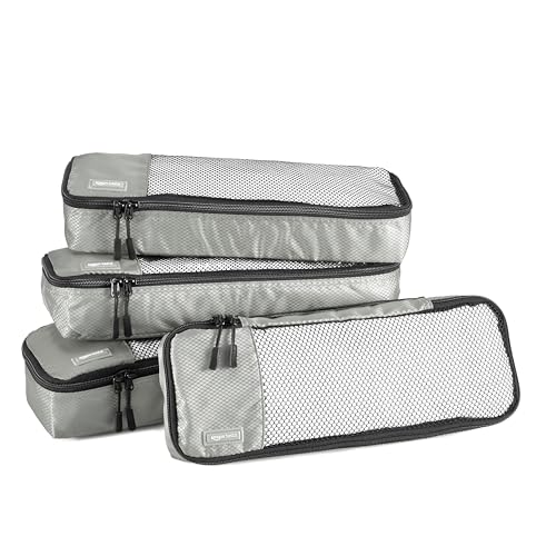 Amazon Basics Slim Packing Cubes for Travel, Packing Organizers, 4-Piece-Set With Double Zipper Pulls and Mesh Top Panel, 100% Durable Polyester, Gray, 14"L x 5"W x 3"H