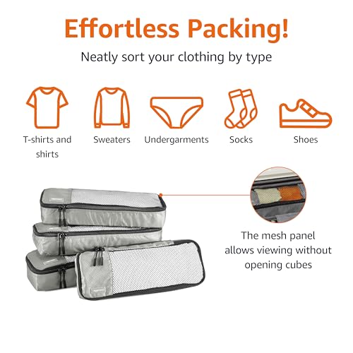 Amazon Basics Slim Packing Cubes for Travel, Packing Organizers, 4-Piece-Set With Double Zipper Pulls and Mesh Top Panel, 100% Durable Polyester, Gray, 14"L x 5"W x 3"H