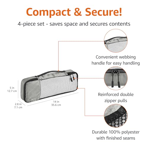 Amazon Basics Slim Packing Cubes for Travel, Packing Organizers, 4-Piece-Set With Double Zipper Pulls and Mesh Top Panel, 100% Durable Polyester, Gray, 14"L x 5"W x 3"H