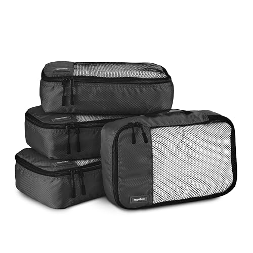 Amazon Basics Small Packing Cubes for Travel, Packing Organizers, 4-Piece-Set With Double Zipper Pulls and Mesh Top Panel, 100% Durable Polyester, Black, 11"L x 6.8"W x 3"H