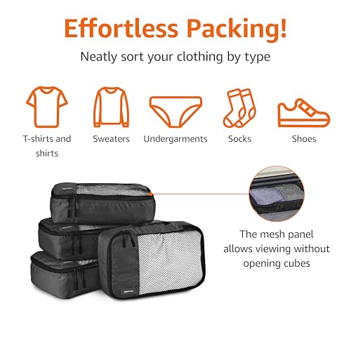 Amazon Basics Small Packing Cubes for Travel, Packing Organizers, 4-Piece-Set With Double Zipper Pulls and Mesh Top Panel, 100% Durable Polyester, Black, 11"L x 6.8"W x 3"H