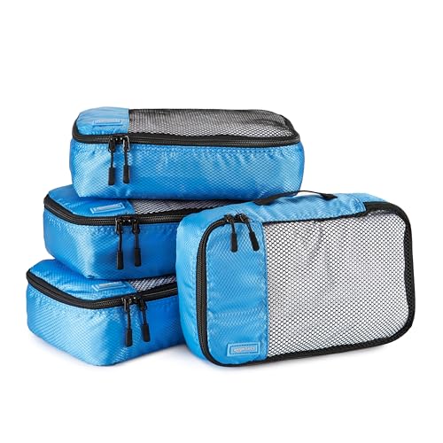 Amazon Basics Small Packing Cubes for Travel, Packing Organizers, 4-Piece-Set With Double Zipper Pulls and Mesh Top Panel, 100% Durable Polyester, Sky Blue, 11"L x 6.8"W x 3"H