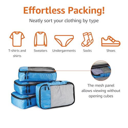 Amazon Basics Small Packing Cubes for Travel, Packing Organizers, 4-Piece-Set With Double Zipper Pulls and Mesh Top Panel, 100% Durable Polyester, Sky Blue, 11"L x 6.8"W x 3"H