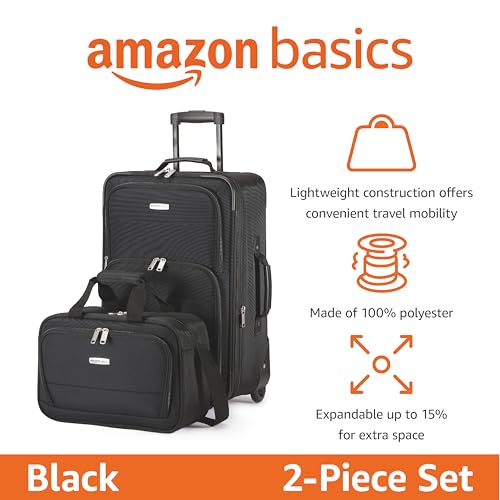 Amazon Basics Softside Luggage Set, 23-Inch Expandable Suitcase with Wheels and 15-Inch Tote, Extra Space (+15%), Front Pockets, Telescopic Handle, Black view 2