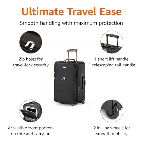 Amazon Basics Softside Luggage Set, 23-Inch Expandable Suitcase with Wheels and 15-Inch Tote, Extra Space (+15%), Front Pockets, Telescopic Handle, Black view 3