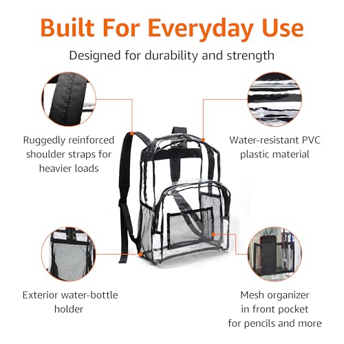 Amazon Basics Transparent School Backpack, With Water-Resistant PVC Plastic Material and Ruggedly Reinforced Shoulder Straps, Clear
