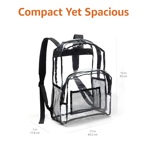 Amazon Basics Transparent School Backpack, With Water-Resistant PVC Plastic Material and Ruggedly Reinforced Shoulder Straps, Clear
