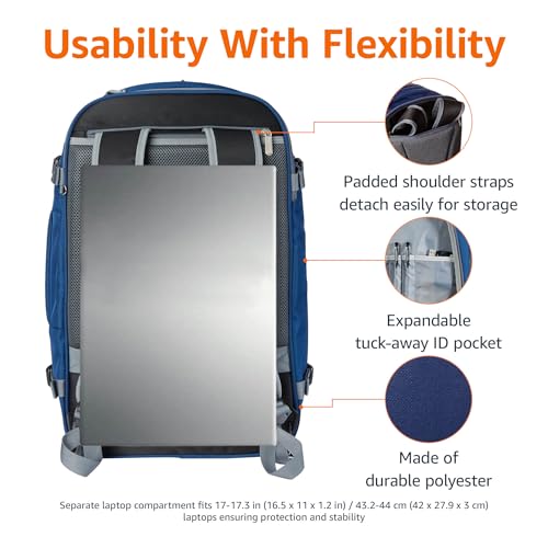 Amazon Basics Travel Backpack, Carry On Backpack, With Laptop Compartment, 40L Capacity, Expandable for 10% Extra Space, Backpack & Shoulder Bag Dual Use, 15.8"W x 21.5"H x 8.3"D, Navy