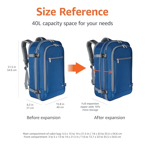 Amazon Basics Travel Backpack, Carry On Backpack, With Laptop Compartment, 40L Capacity, Expandable for 10% Extra Space, Backpack & Shoulder Bag Dual Use, 15.8"W x 21.5"H x 8.3"D, Navy