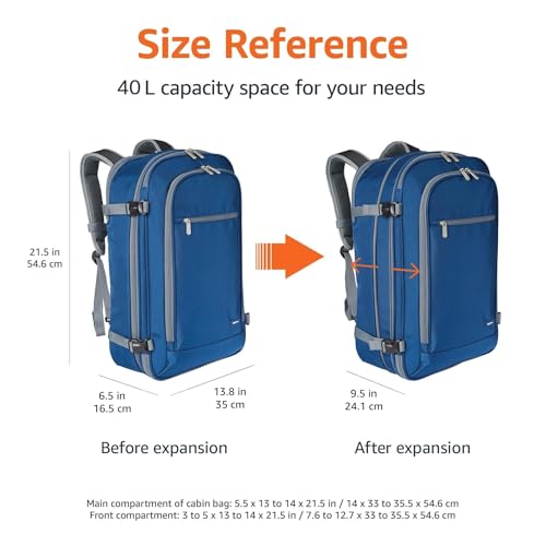 Amazon Basics Travel Backpack, Carry-On with Laptop Compartment, 40L Expandable Storage, Dual Use Backpack & Shoulder Bag with Multiple Compartments and Pockets, 15.8"W x 21.5"H x 8.3"D, Navy view 3