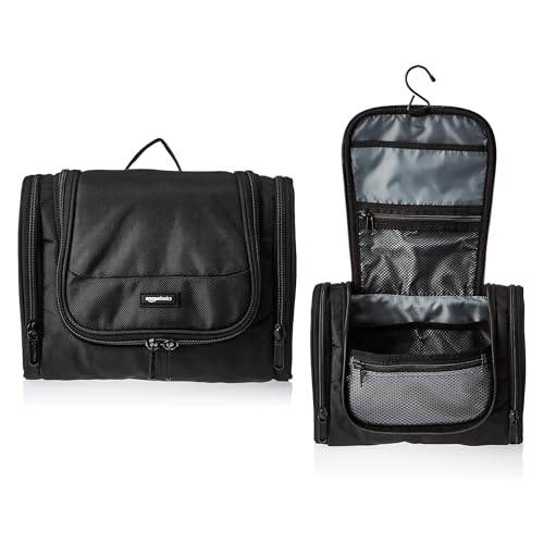 Amazon Basics Travel Toiletry Bag for Men and Women, Hanging Toiletry Bag, Dopp Kit with 2 Side Pockets, Multiple Interior Pockets, Durable 1680D Polyester, Handles Bathroom Spills/Splashes, Black
