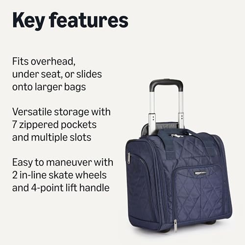 Amazon Basics Underseat Carry On Luggage with Wheels - 14" Rolling Travel Bag, Navy Quilted