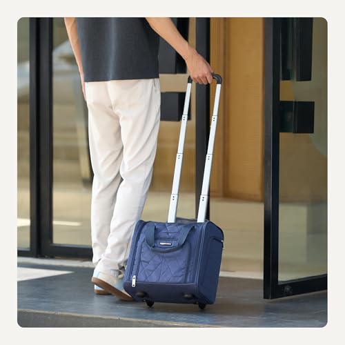 Amazon Basics Underseat Carry On Luggage with Wheels - 14" Rolling Travel Bag, Navy Quilted