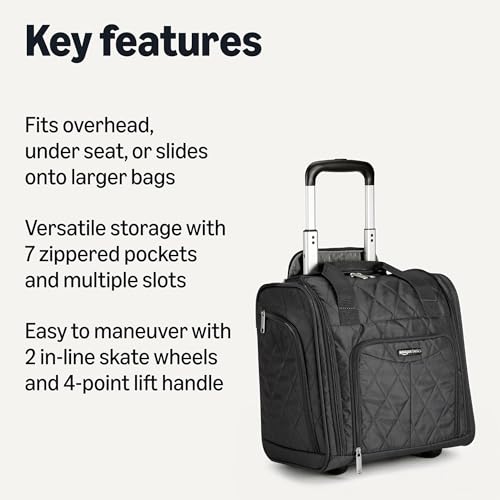 Amazon Basics Underseat Carry On Luggage with Wheels - 14" Rolling Travel Bag, Black Quilted
