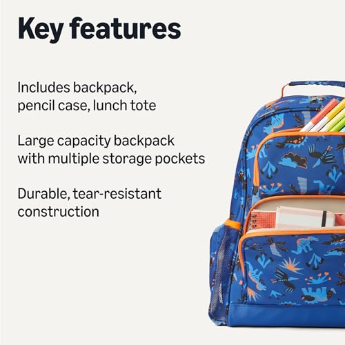 Amazon Essentials Kids School Backpack Set with Lunch Tote and Pencil Case - Multi-Pocket Tear-Resistant Student Day-pack - School Supplies Bundle - Blue Navy - 3 Piece Set view 2