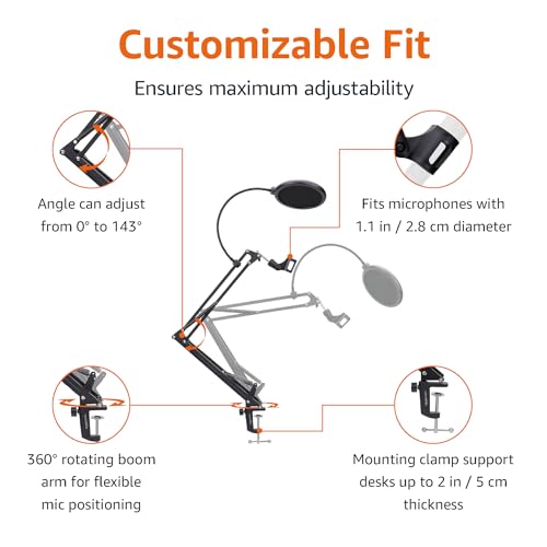 Amazon Basics Adjustable Microphone Stand with Pop Filter, Windscreen for Noise Reduction, Compatible with Blue Yeti, Snowball, Shure, Audio-Technica, 14 inch view 2