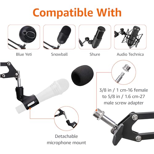 Amazon Basics Adjustable Microphone Stand with Pop Filter, Windscreen for Noise Reduction, Compatible with Blue Yeti, Snowball, Shure, Audio-Technica, 14 inch view 3