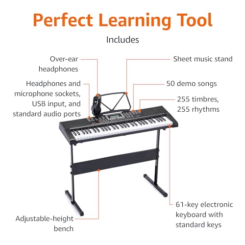 Amazon Basics Electric Keyboard Piano with 61 Keys, Built-in Speakers, Songs for Learning, Black