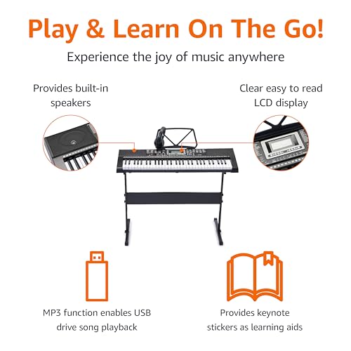 Amazon Basics Electric Keyboard Piano with 61 Keys, Built-in Speakers, Songs for Learning, Black