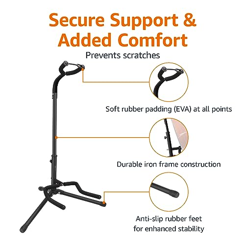 Amazon Basics Height Adjustable Portable Foldable Guitar Stand with Padded Non-Slip Secure Support for Acoustic, Electric, Bass and Banjos, Black view 2