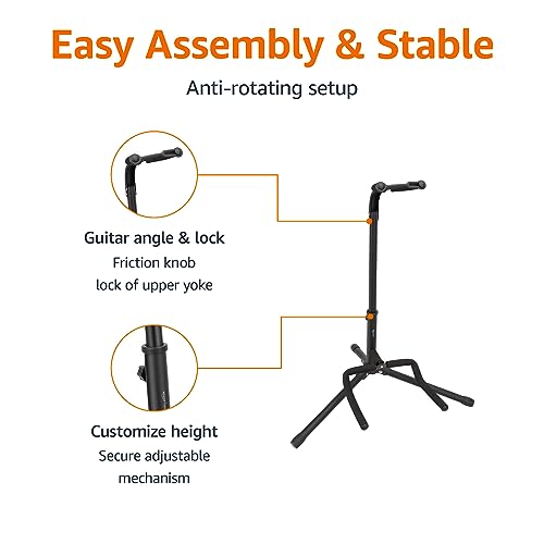 Amazon Basics Height Adjustable Portable Foldable Guitar Stand with Padded Non-Slip Secure Support for Acoustic, Electric, Bass and Banjos, Black view 3
