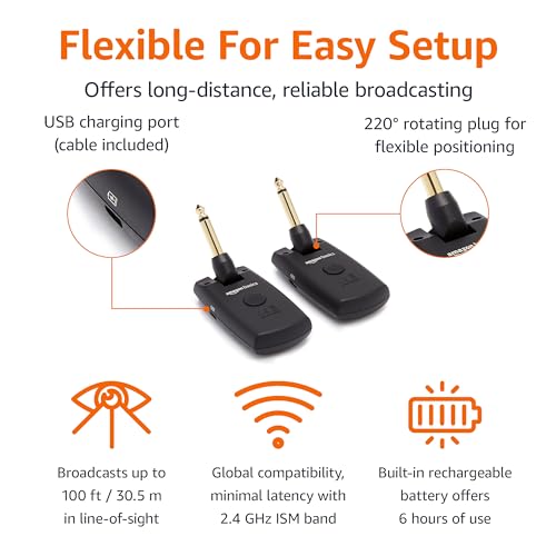 Amazon Basics Rechargeable Digital Wireless Guitar System, 2.4GHz Transmitter/Receiver for Electric Instruments, 100 ft Range, Low Latency, 24bit/44.1kHz, Rotatable Plug, Black view 2