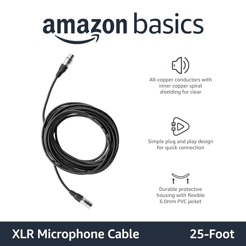 Amazon Basics XLR Male to Female Microphone Cable for Recording Studio, Speaker or PA System, All Copper Conductors, 3-Pin, Shielding, 6MM PVC Jacket, 25 Foot, Black view 2