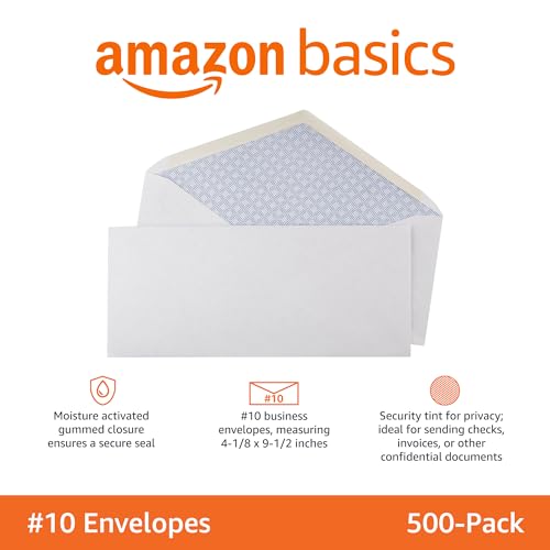 Amazon Basics #10 Security Tinted Business Gummed Envelopes, Moisture Sealed, 4-1/8 x 9-1/2 Inch, Pack of 500, One Size, White