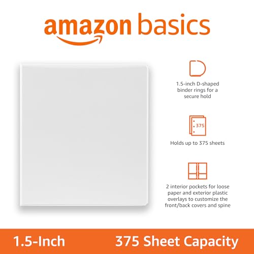 Amazon Basics 3 Ring Binders, 1.5 Inch D-Ring Organizer for School, Home Office, White, 4 Pack view 2