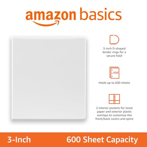 Amazon Basics 3 Ring Binders, 3 Inch, 2 Pack, D-Ring Organizer for School, Home Office, White