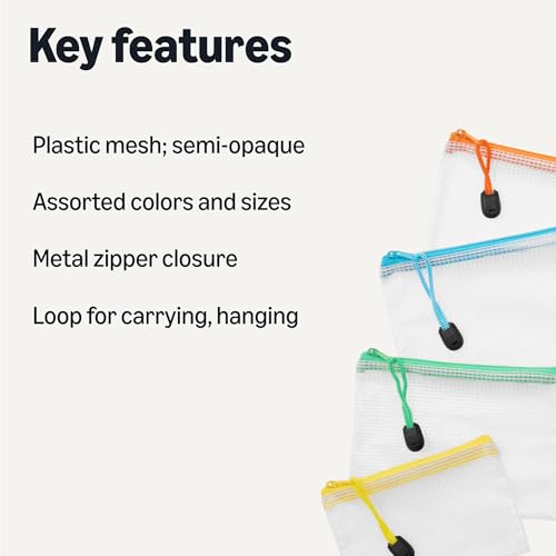 Amazon Basics 30-Pack Mesh Zipper Pouch Bags, 8 Sizes Waterproof Storage Organizers with Zipper, Multipurpose Clear Travel Document Bags for Office Home School Organization (8 Assorted Colors)