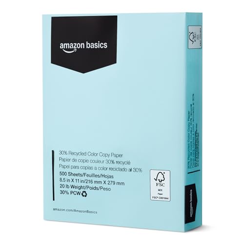 Amazon Basics 30% Recycled Color Copy Paper, 8.5" x 11", 20lb, Pastel Blue, 500 Sheets