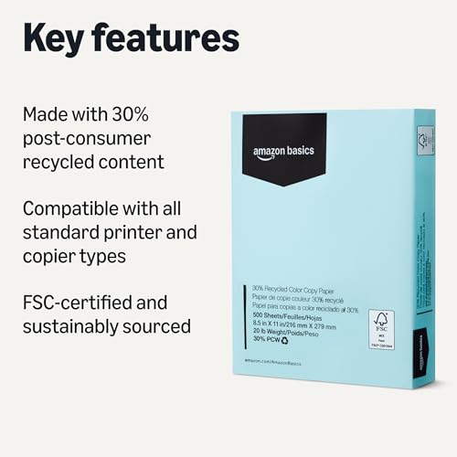 Amazon Basics 30% Recycled Color Copy Paper, 8.5" x 11", 20lb, Pastel Blue, 500 Sheets view 2