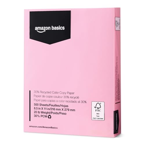 Amazon Basics 30% Recycled Color Copy Paper, 8.5" x 11", 20lb, Pastel Pink, 500 Sheets