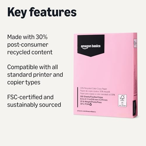 Amazon Basics 30% Recycled Color Copy Paper, 8.5" x 11", 20lb, Pastel Pink, 500 Sheets view 2