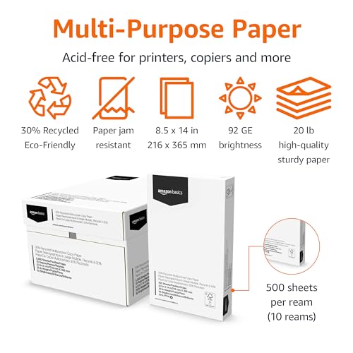 Amazon Basics 30% Recycled Multipurpose Copy Printer Paper, 8.5 x 14 Inches, 20 lb, 10 Ream, (5,000 Sheets), 92 Bright, White