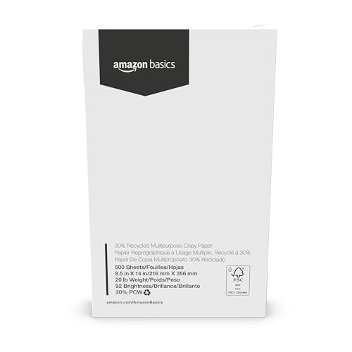 Amazon Basics 30% Recycled Multipurpose Copy Printer Paper, 8.5 x 14 Inches, 20 lb, 10 Ream, (5,000 Sheets), 92 Bright, White