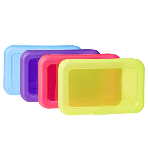 Amazon Basics 4-Pack Large Pencil Cases - Durable Plastic School Supply Pencil Box - Multi-Color Student Organization Cases for Office, College & Classroom Supplies